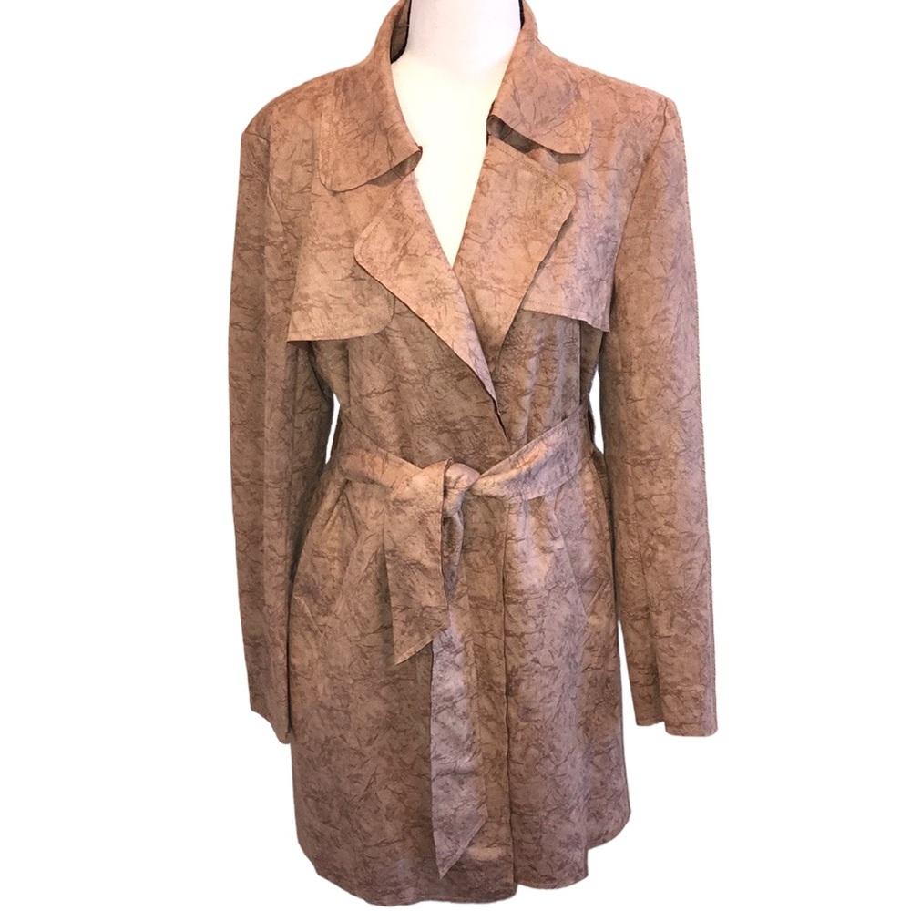 Solitaire Women's Faux Suede Trench Coat Brown Tan Long Belted Soft Drapey Sz M